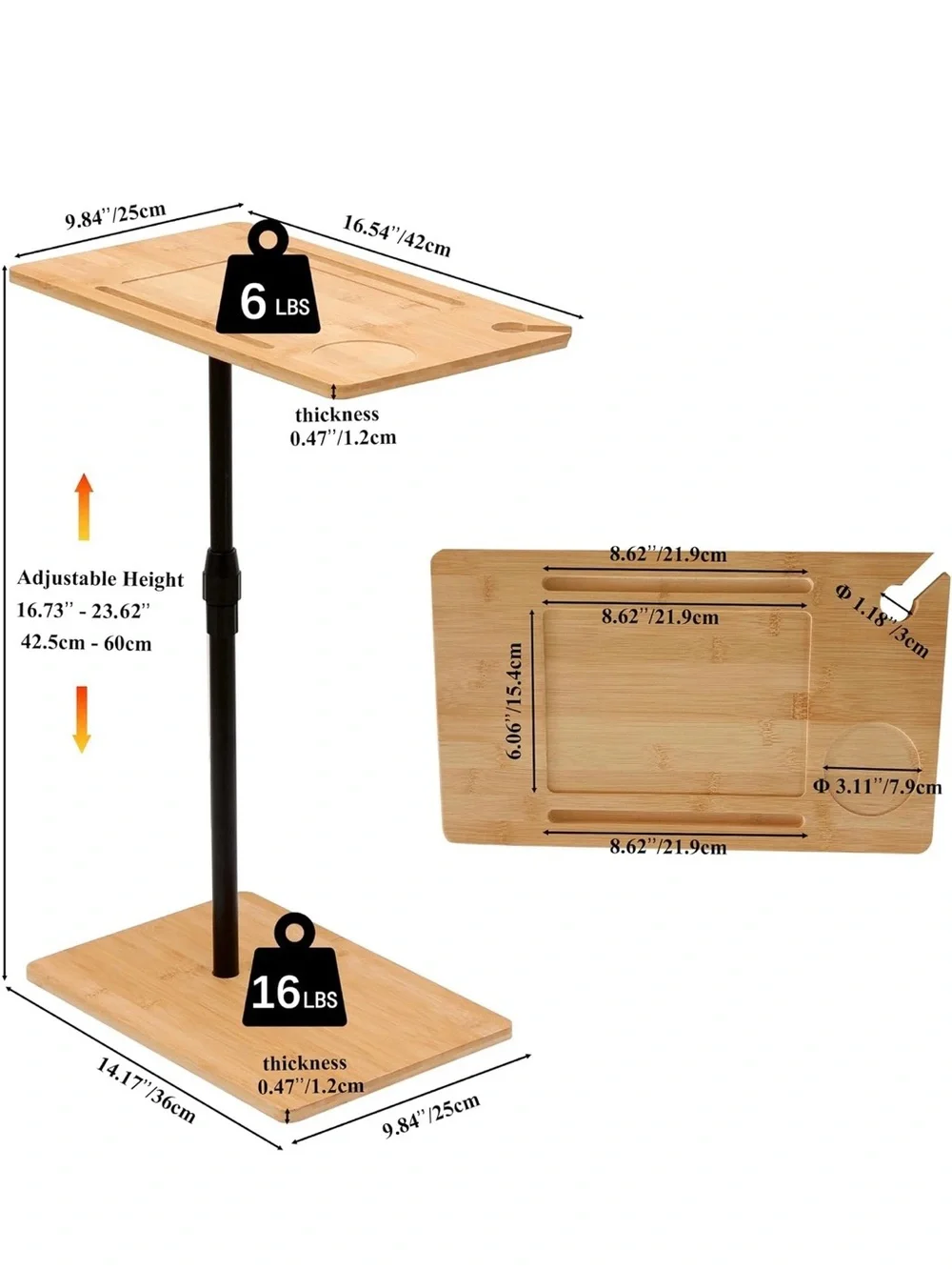Adjustable Bamboo Side Table with Black Frame - Natural Bamboo & Black